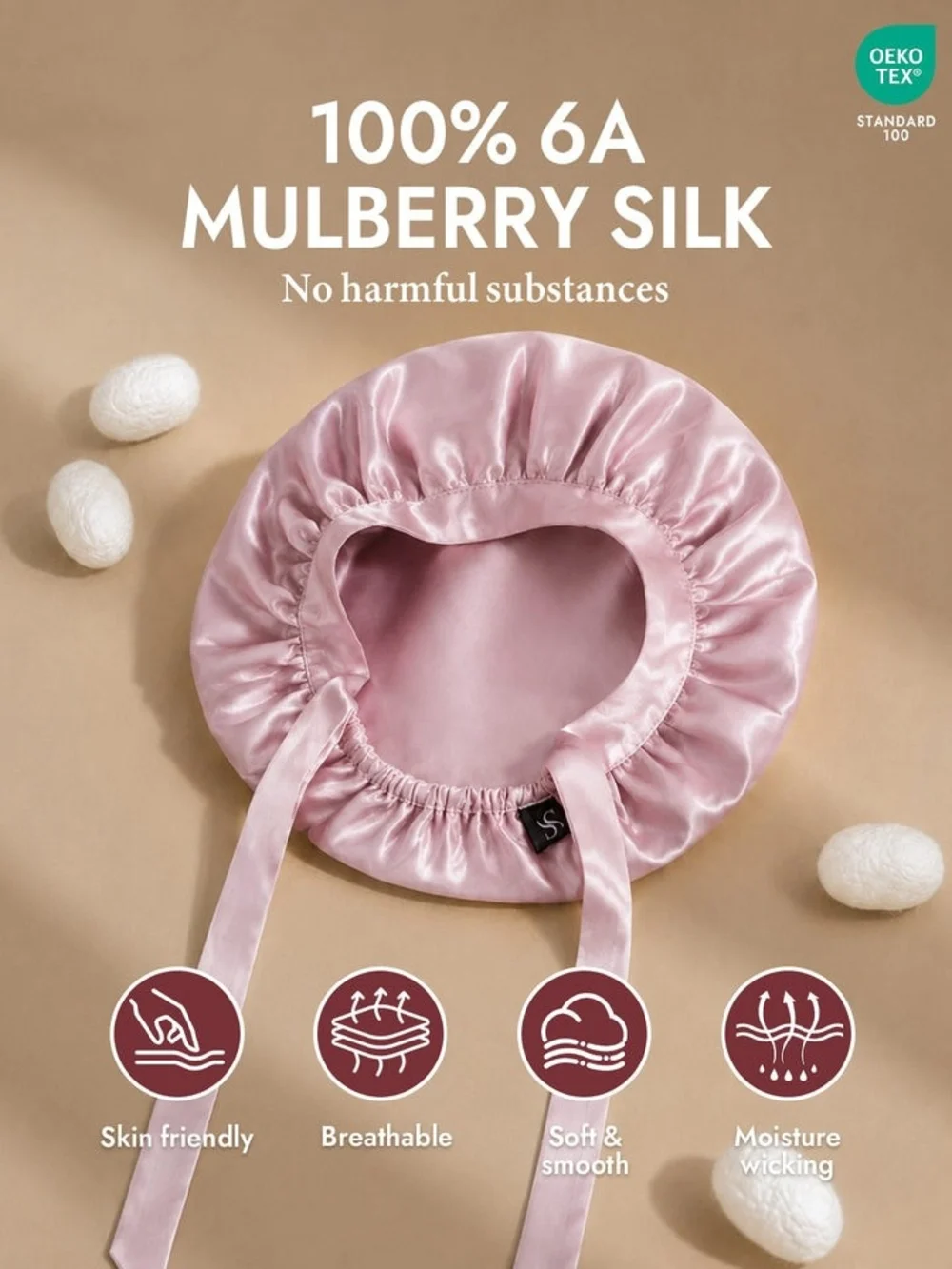 SilkSilky 100% Mulberry Silk Sleep Bonnet with Ribbons Pale Mauve